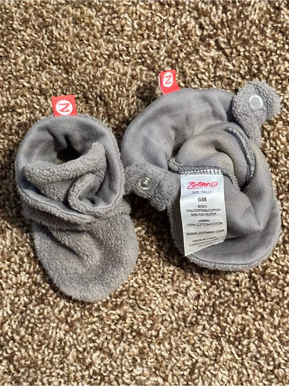 Zutano Gray Fleece Baby Booties size 6 months